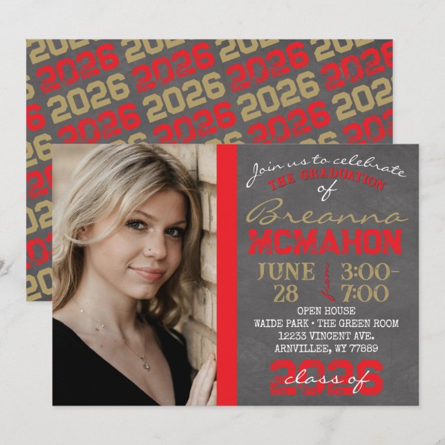 Invitación a graduación de pizarra de oro roja y b (Anverso / Reverso)