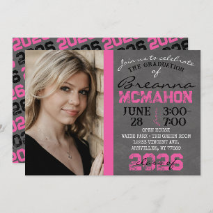 Invitación a graduación de pizarra rosa y negro ca