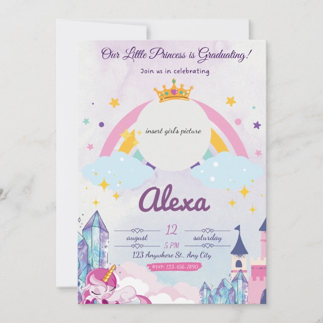 Invitación a graduación de Princesa Unicornio para (Anverso)