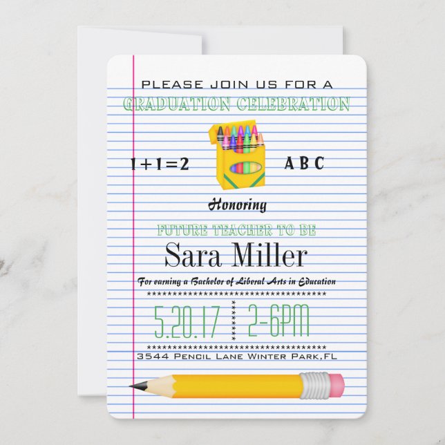Invitación a graduación de profesor de Crayola (Anverso)