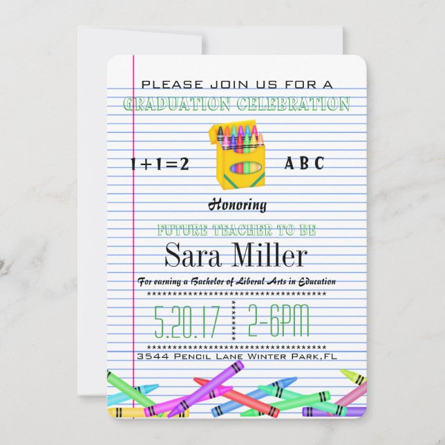 Invitación a graduación de profesor de Crayola (Anverso)