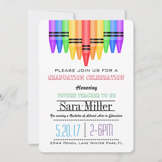 Invitación a graduación de profesora Crayola Rainb (Anverso)