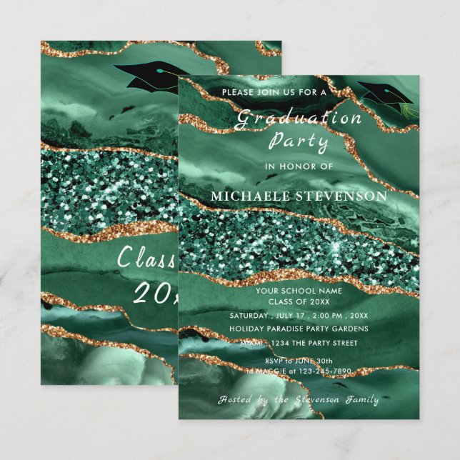 Invitación a graduación de Purpurina de oro verde  (Anverso / Reverso)