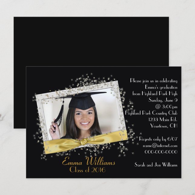 Invitación a graduación de Purpurina negro y dorad (Anverso / Reverso)