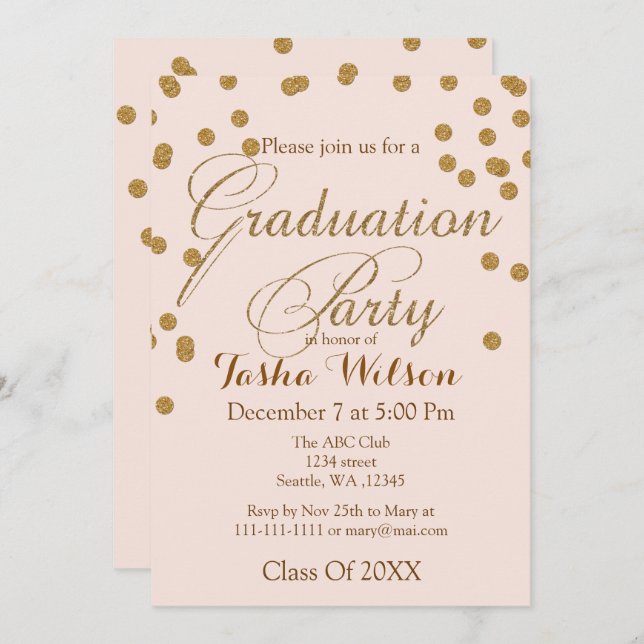 Invitación a graduación de Purpurinas Rubor Pink a (Anverso / Reverso)