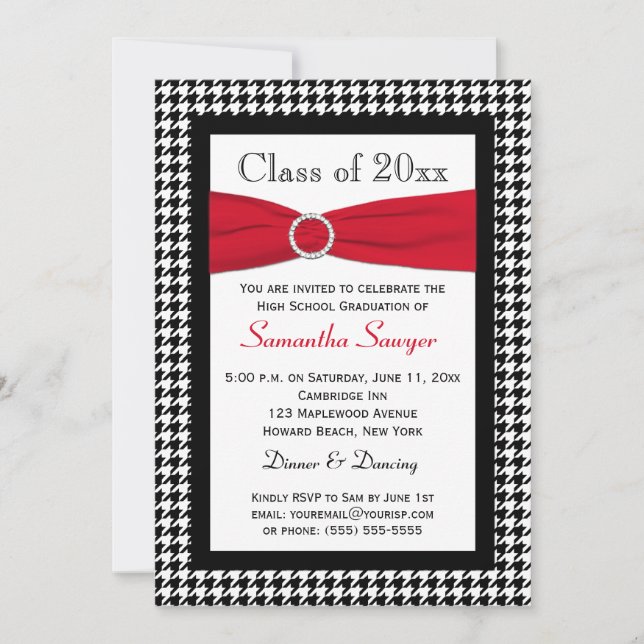 Invitación a graduación de RIBBON rojo negro (Anverso)