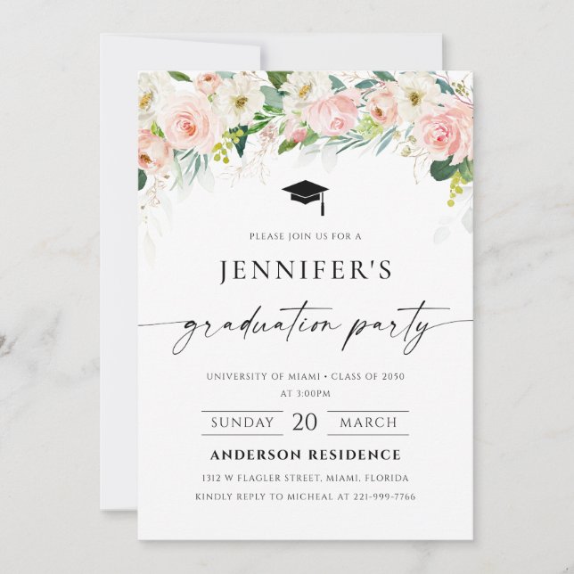 Invitación a graduación de rosas rosadas de Rubor  (Anverso)