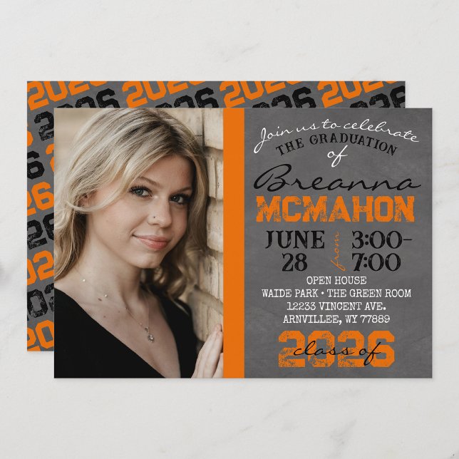 Invitación a graduación de tablero de naranja y ne (Repeating Class Year 1 Photo Graduation Invitations)