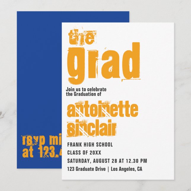 Invitación a graduación de tipografía en azul depo (Anverso / Reverso)