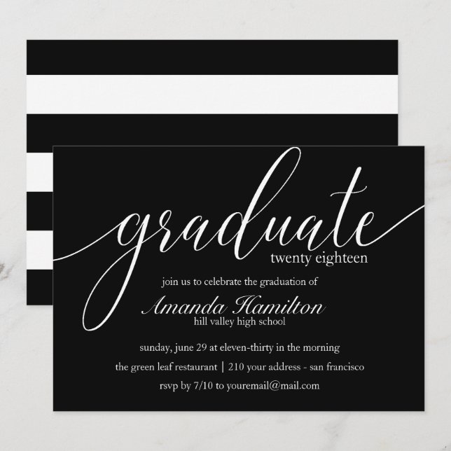Invitación a graduación de tipografía negra total (Anverso / Reverso)