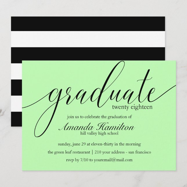 Invitación a graduación de tipografía verde claro (Anverso / Reverso)