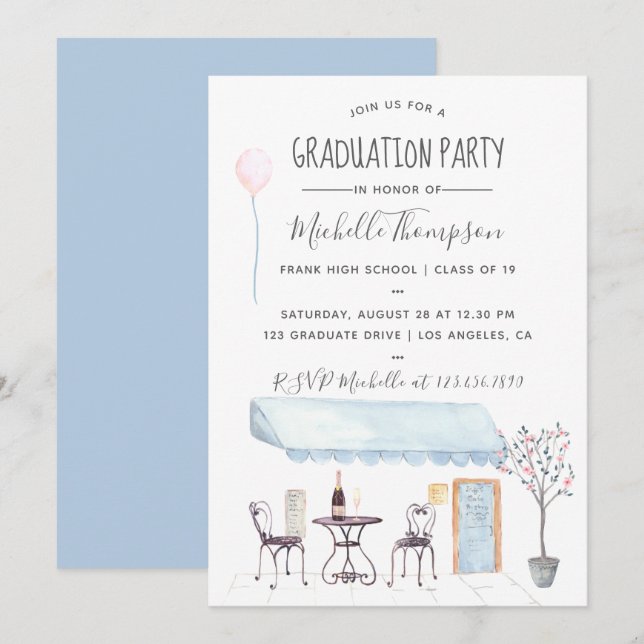 Invitación a graduación de Watercolor Paris (Anverso / Reverso)