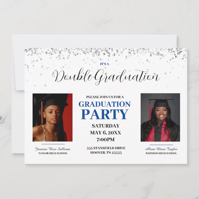 Invitación a graduación doble azul y blanco (Anverso)
