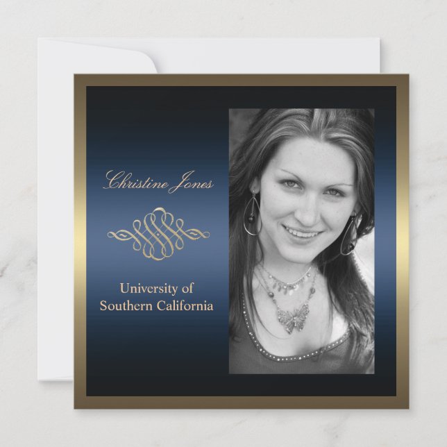 Invitación a graduación dorada y azul (Anverso)