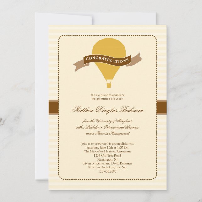 Invitación a graduación elegante en globo aerostát (Anverso)