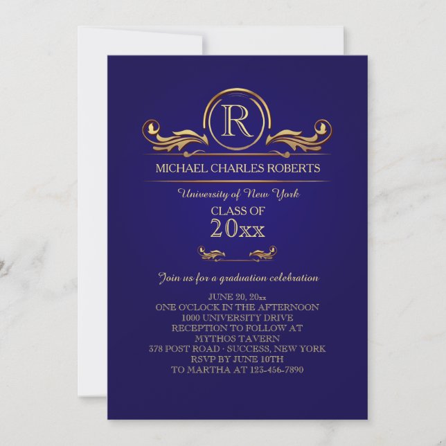 Invitación a graduación en azul del Monograma Dora (Anverso)