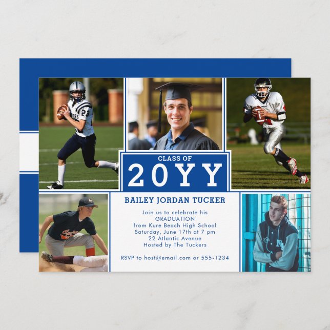Invitación a graduación en azul profundo de 5 foto (Anverso / Reverso)