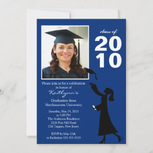 Invitación a graduación en azul y negro de la Mari