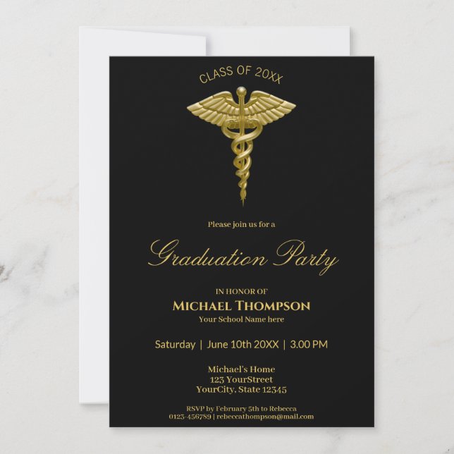 Invitación a graduación en negro de Caducto de Oro (Anverso)