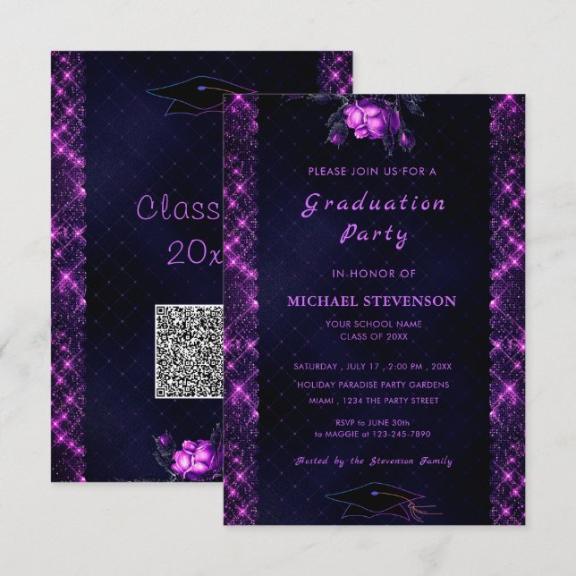 Invitación a graduación en negro púrpura de tu cód (Anverso / Reverso)