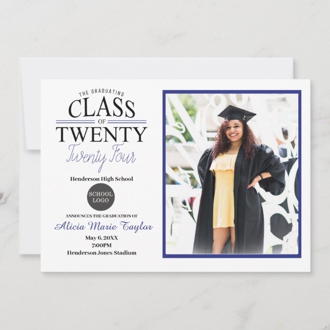 Invitación a graduación en negro y azul con foto (Anverso)