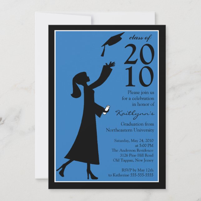 Invitación a graduación en negro y azul de moda (Anverso)