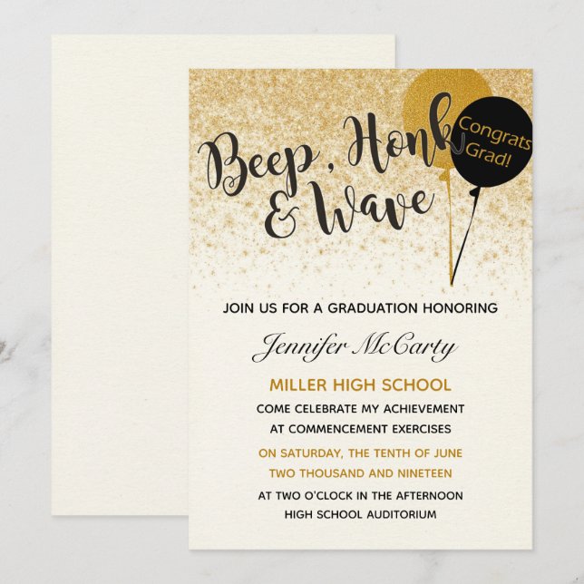 Invitación a graduación en negro y oro (Anverso / Reverso)