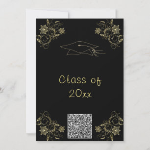 Invitación a graduación en negro y oro con código