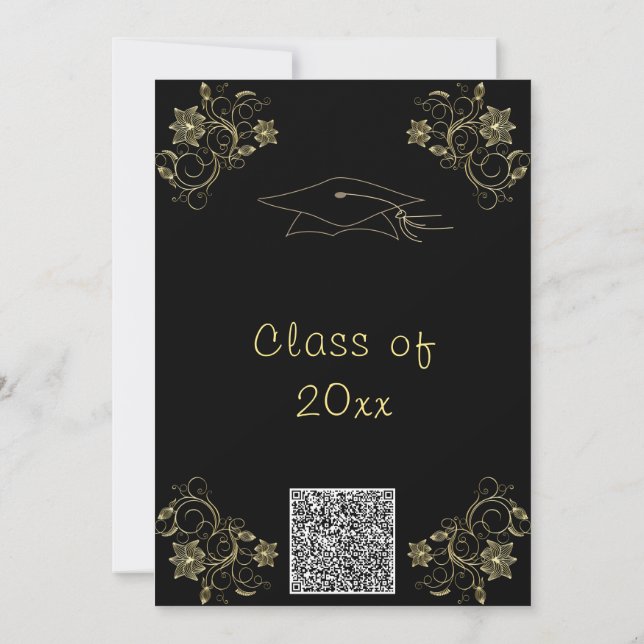 Invitación a graduación en negro y oro con código  (Reverso)