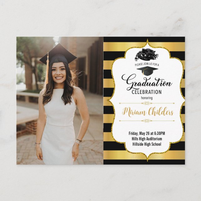Invitación a graduación en negro y oro con foto (Anverso)