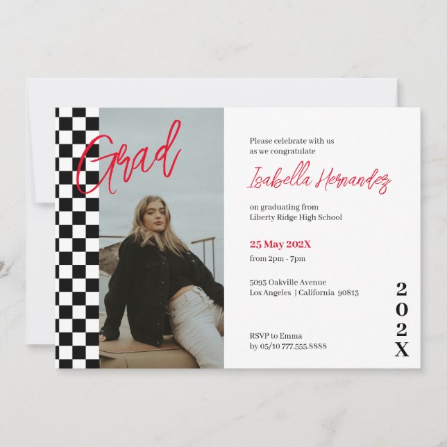 Invitación a graduación en negro y rojo (Anverso)