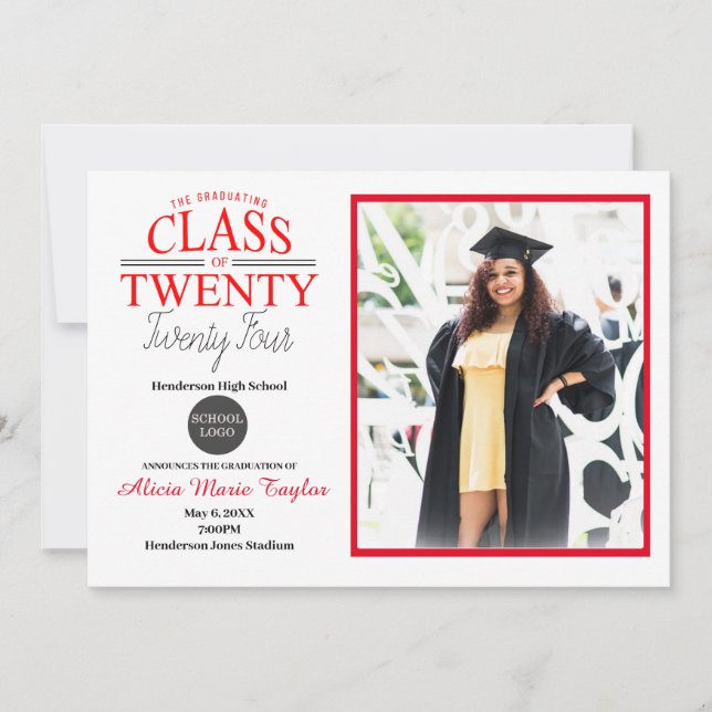 Invitación a graduación en negro y rojo con foto (Anverso)