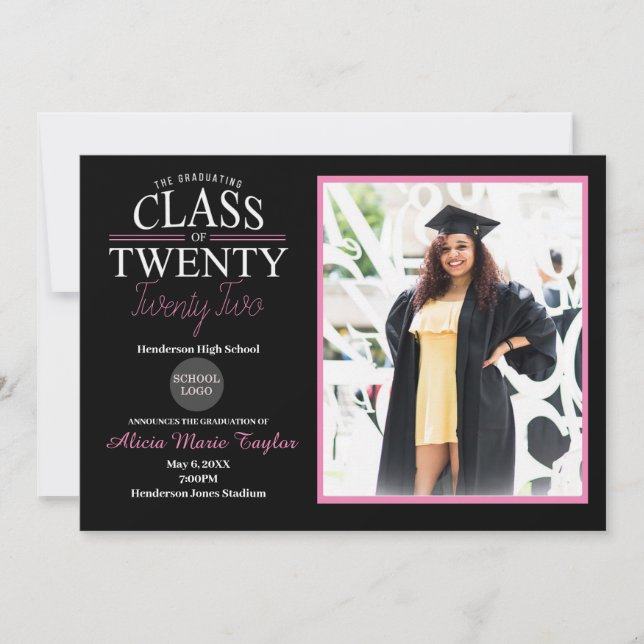 Invitación a graduación en negro y rosa con foto (Anverso)