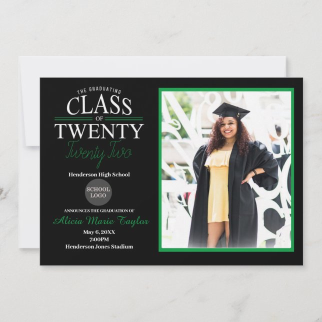 Invitación a graduación en negro y verde con foto (Anverso)