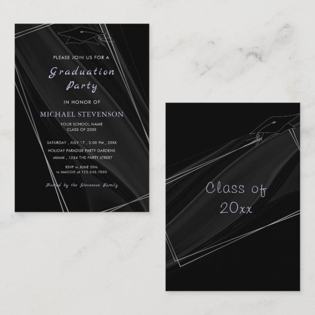 Invitación a graduación enmarcada en negro y plata (Anverso / Reverso)