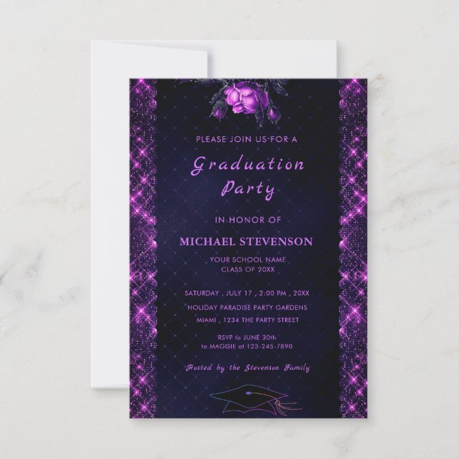 Invitación a graduación espumosa de Purpurina negr (Anverso)