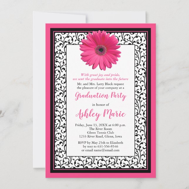 Invitación a graduación floral de Daisy Gerbera ro (Anverso)