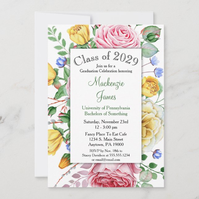 Invitación a graduación floral de rosas amarillos  (Anverso)