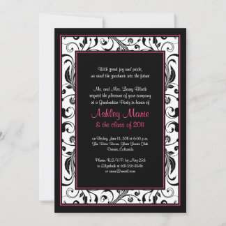Invitación a graduación floral rosa, negra y blanc