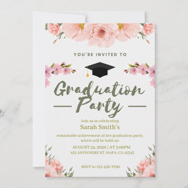 Invitación a graduación floral rosa, púrpura y ver (Anverso)