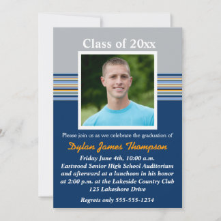 Invitación a graduación fotográfica azul, gris y N