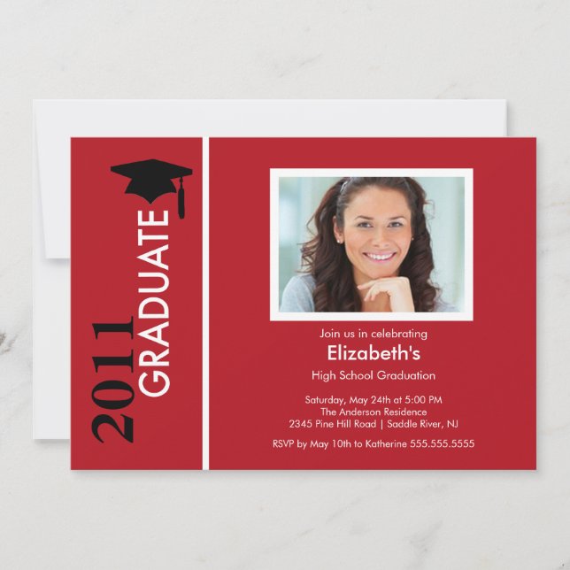 Invitación a graduación fotográfica de color rojo  (Anverso)