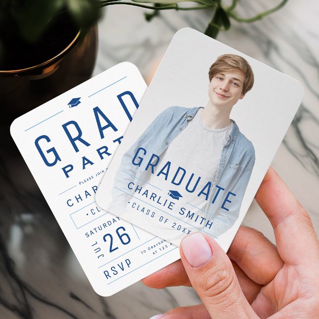 Invitación a graduación fotográfica de tipografía  (Blue Modern Typography Photo Graduation invite)