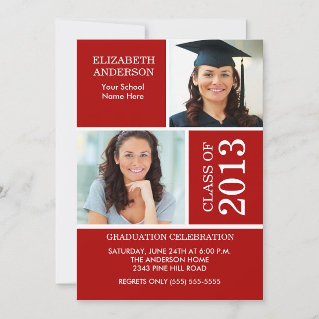 Invitación a graduación fotográfica en rojo y blan (Anverso)
