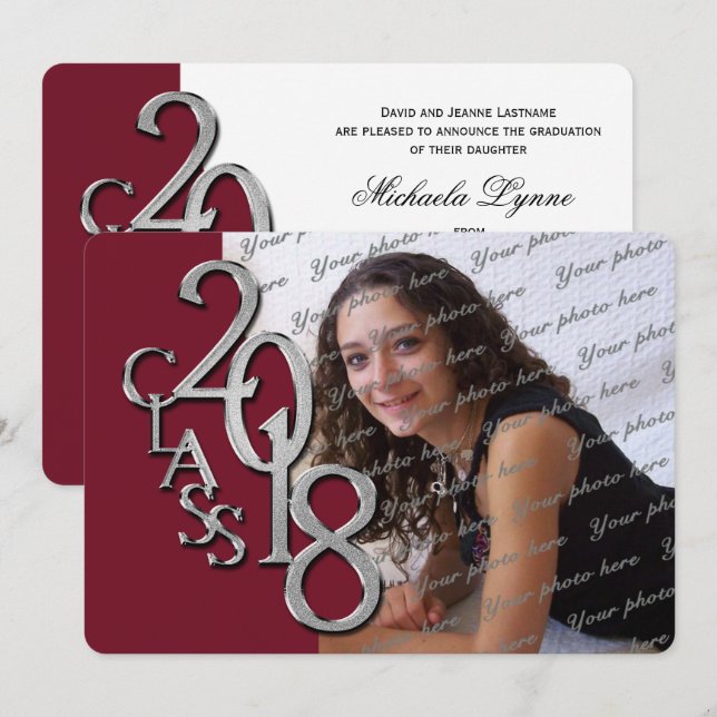 Invitación a graduación fotográfica Silver Maroon  (Anverso / Reverso)