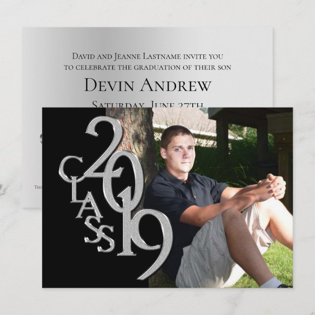 Invitación a graduación fotográfica Silver y Black (Anverso / Reverso)