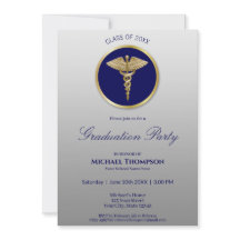 Invitación a graduación médica azul Caduceus Gold