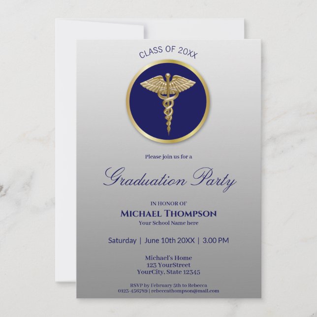 Invitación a graduación médica azul Caduceus Gold (Anverso)