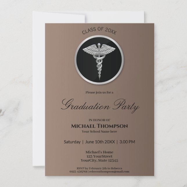 Invitación a graduación médica de Caduceus platead (Anverso)