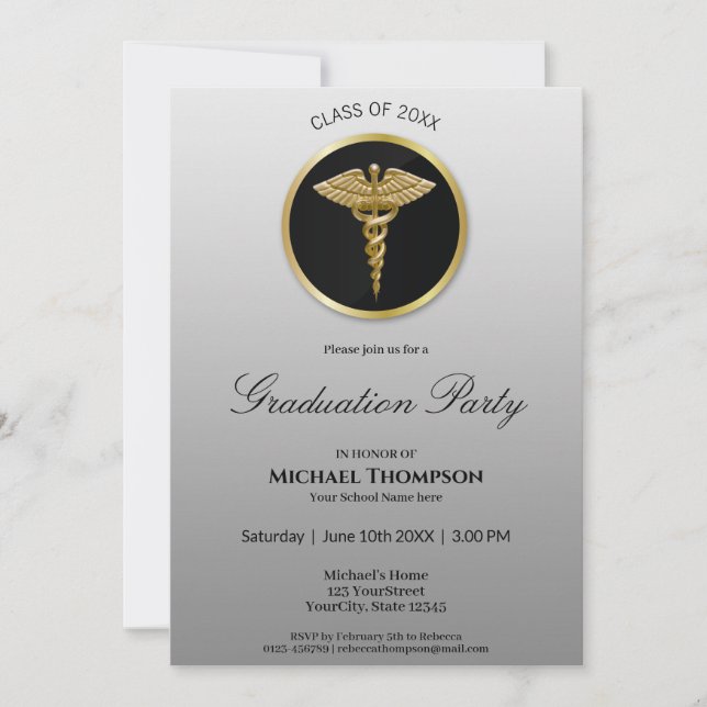 Invitación a graduación médica de Noble Gold Caduc (Anverso)
